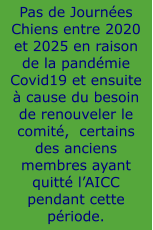 Pas de Journées Chiens entre 2020 et 2025 en raison de la pandémie Covid19 et ensuite à cause du besoin de renouveler le  comité,  certains des anciens membres ayant quitté l’AICC pendant cette période.