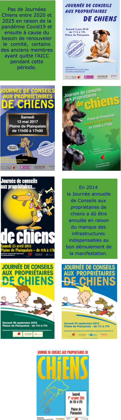  Pas de Journées Chiens entre 2020 et 2025 en raison de la pandémie Covid19 et ensuite à cause du besoin de renouveler le  comité,  certains des anciens membres ayant quitté l’AICC pendant cette période. En 2014la Journée annuelle  de Conseils aux  propriétaires de chiens a dû être annulée en raison   du manque des infrastructures indispensables aubon déroulement de  la manifestation.